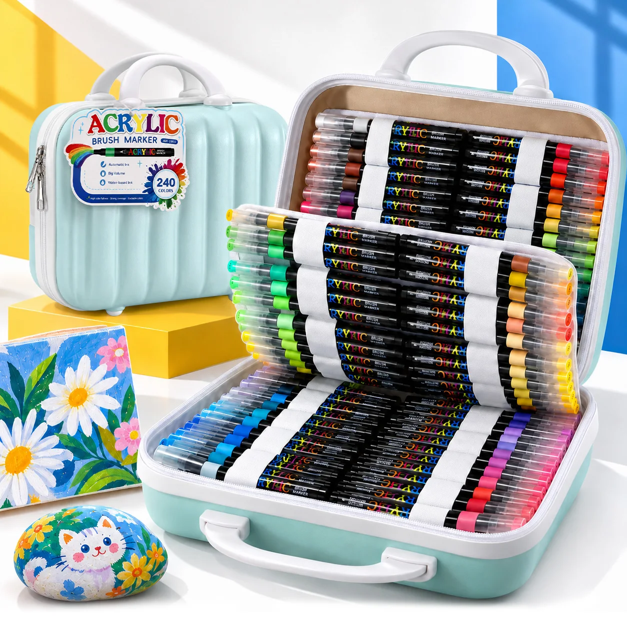 240 Colors Set Acrylic Paint Markers Brush Tip Paint for Rock Painting Festival Gift DIY Art Pens Comes Remove Luggage