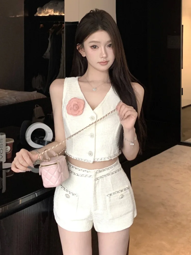 

French Small Fragrance Tweed 2 Piece Pant Sets For Women Vest Tops + Shorts Sets Lady Luxury Two Piece Pant Suits High Quality