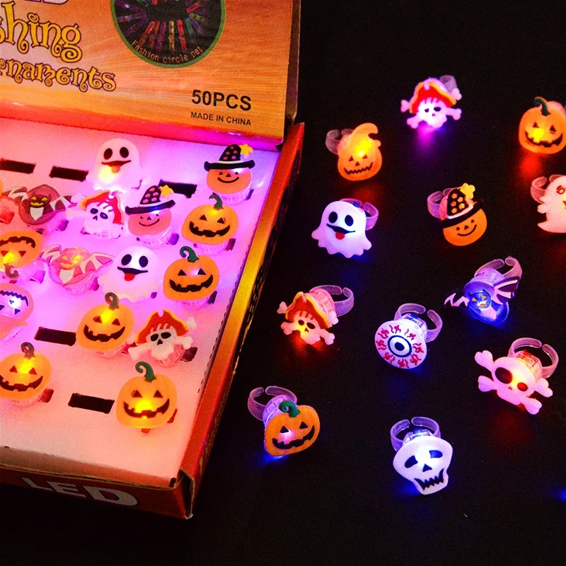50PCS Children Halloween Luminous Rings Creative Cute Pumpkin Ghost Eye Rings Halloween DIY Decorations  LED Flash Finger Ring