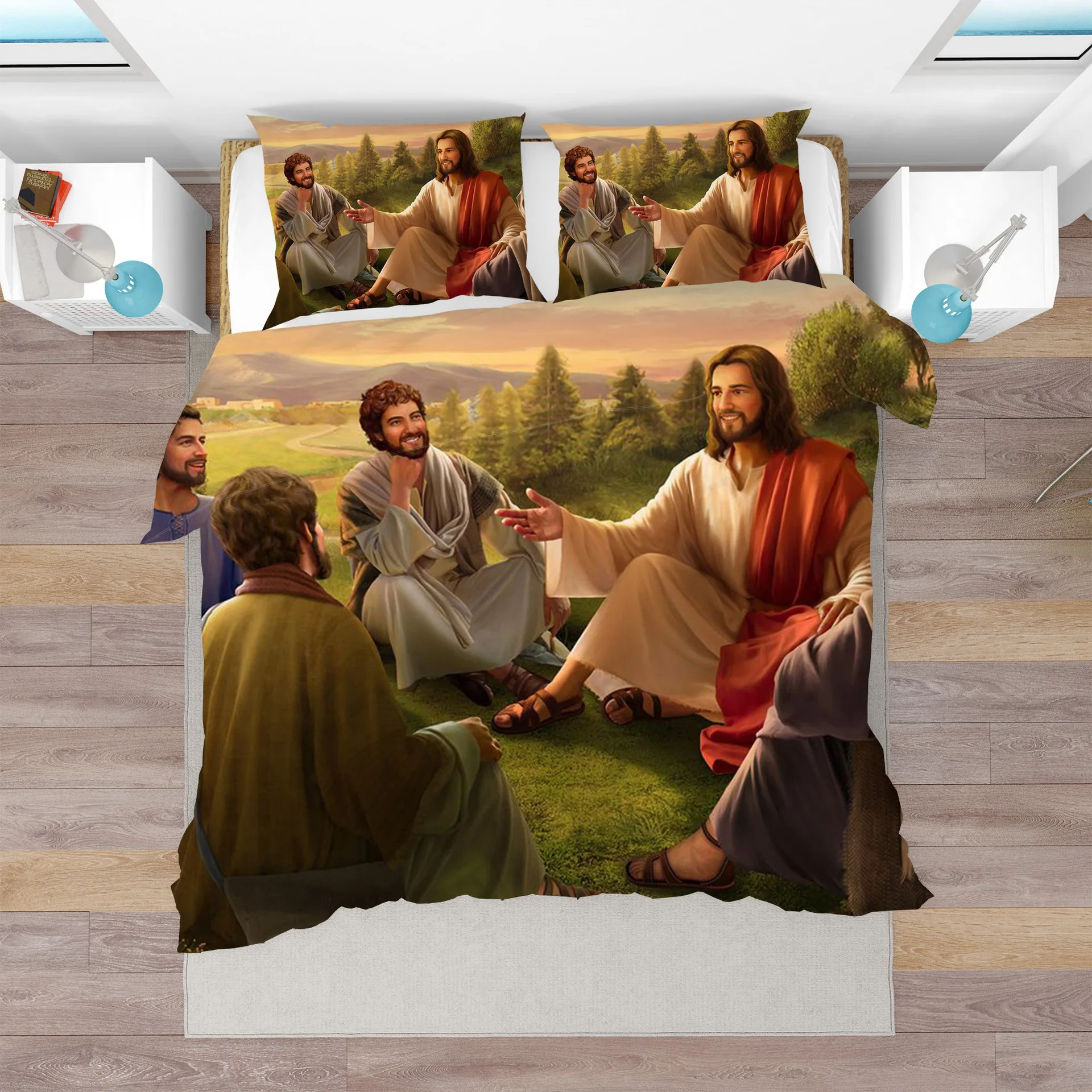 Jesus Christ King Queen Duvet Cover Christianity Bedding Set Western Religion Quilt Cover Blue-green Polyester Comforter Cover