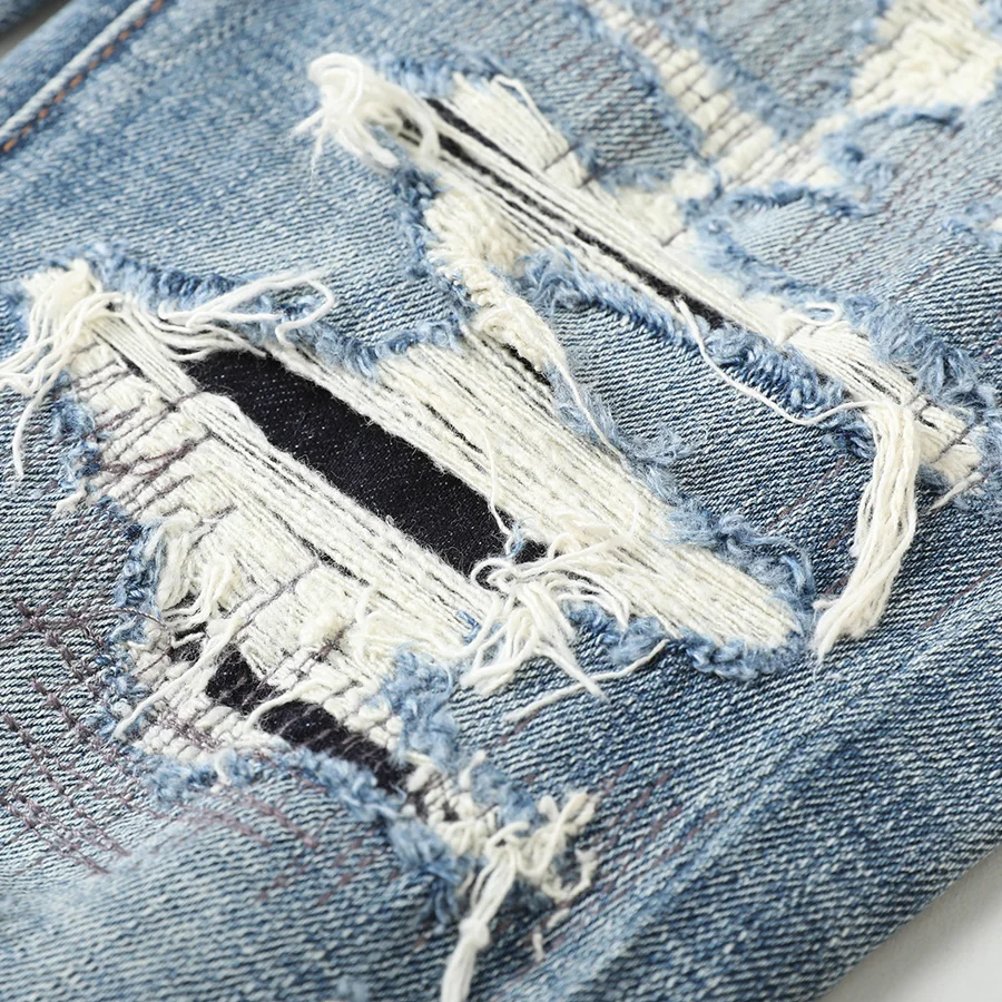 HombreFashion New Men's Jeans Scratch Washed Nostalgic Stretch Slim Fit Retro Light Blue Perforated Patch Jeans Casual Pants H