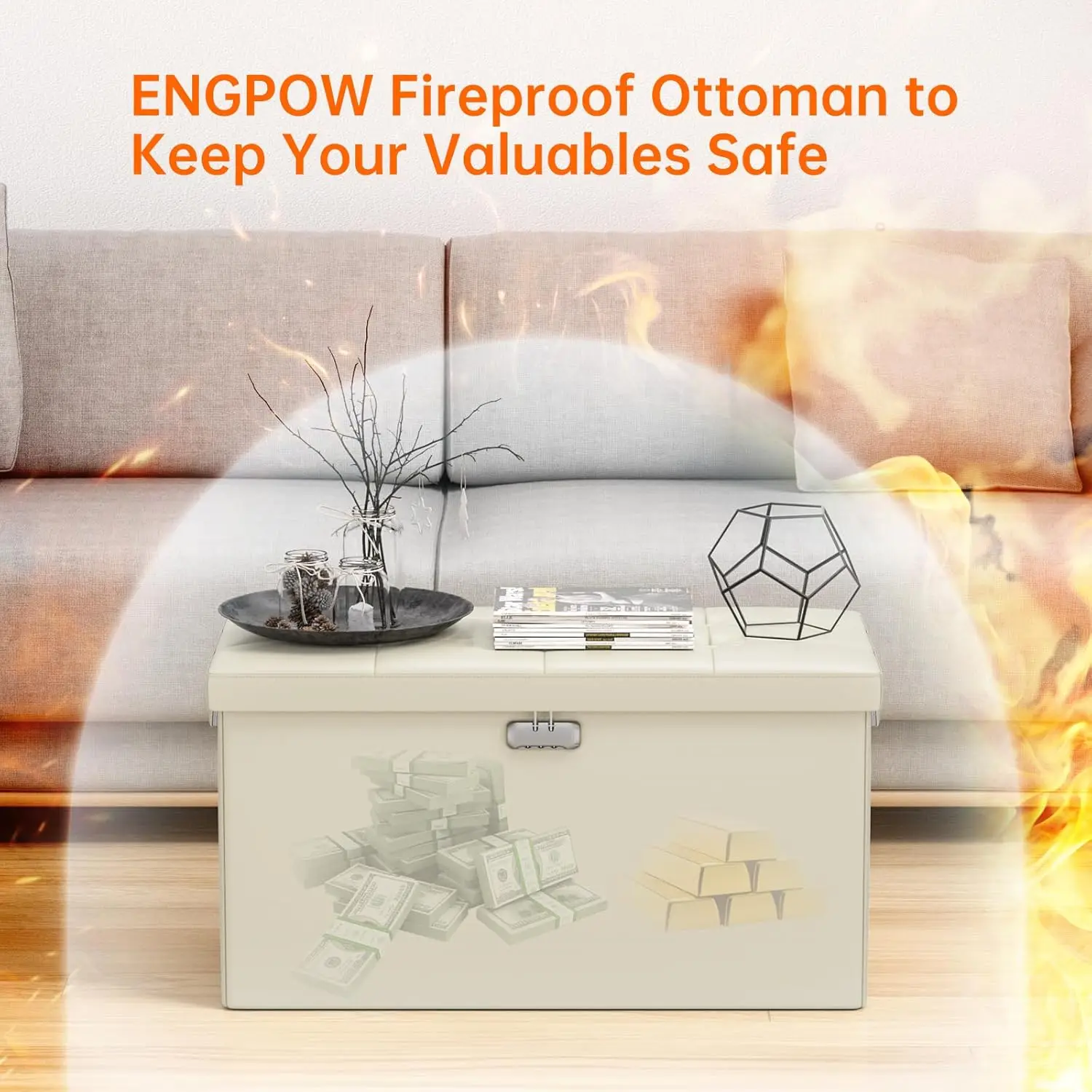Ottoman Bench,Fireproof Folding Storage Bench with Lock,30 Inches Fire＆Water Resistant Storage Chest Foot Rest Stool Leather Bed