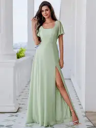 Elegant Evening Dresses U-Neck Ruffle Sleeves Back Tie High Slit 2024 Ever Pretty of Chiffon Mint Green Bridesmaid Dress