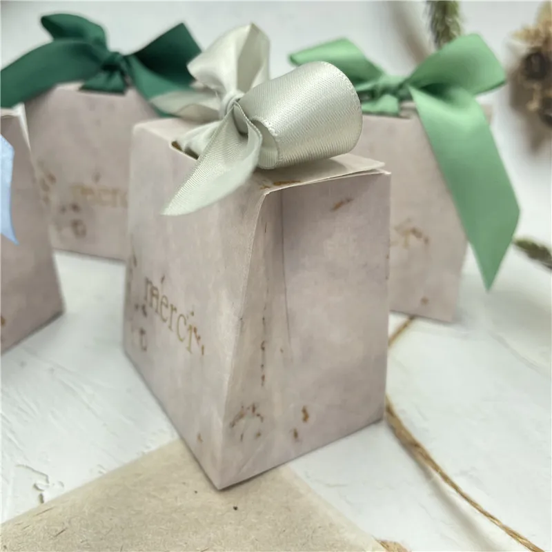 French Merci Bronzing Mini Paper Gift Bags Marble Gift Wrapping Candy Boxes Easter Wedding Baby Shower Party Favor Packaging