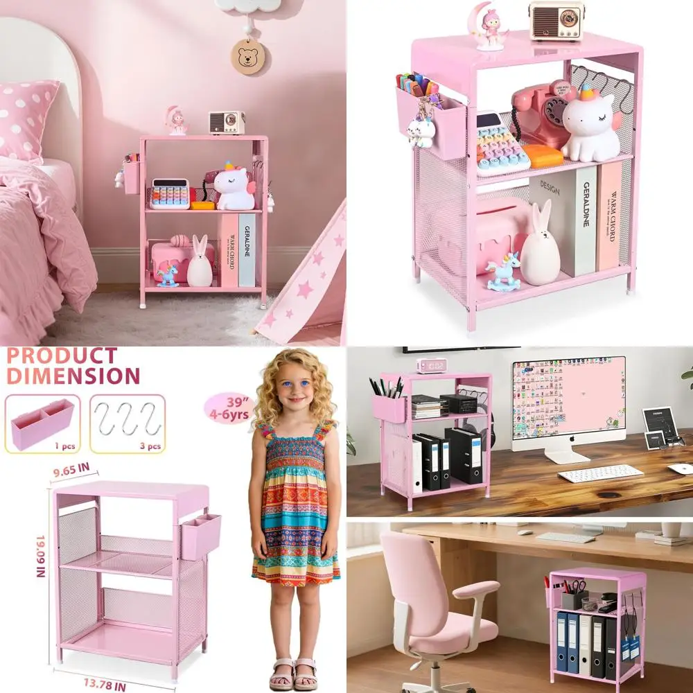 

Compact Pink Kids Nightstand with Hooks and Holder, Perfect for Toddler Beds, Girls' Rooms, Desk Organizer, and Dorm Living