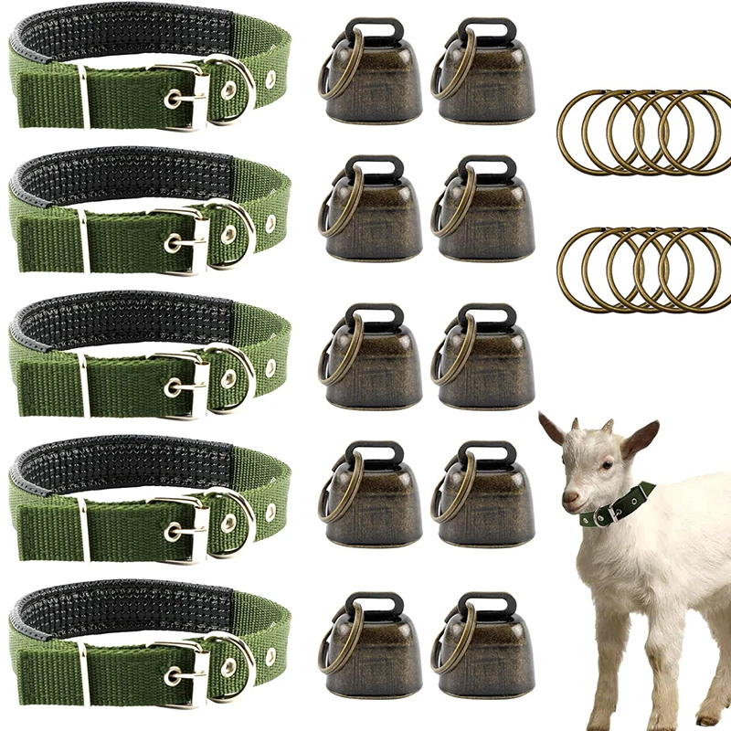 3 Pack Goat Collar with Bell Grazing Copper Bells and Adjustable Nylon Collar Set for Small Farm Animal Sheep Cow Pet Goat green