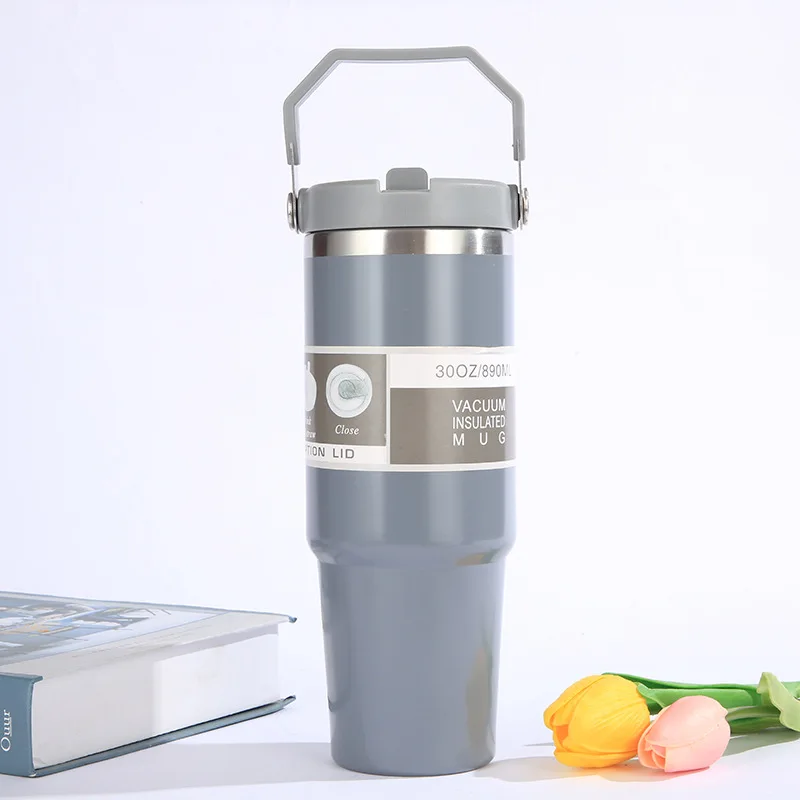 Portable Car Cup Stainless Steel Thermos Cup with Straw & Handle Double Walled Travel Sports Water Bottle Coffee Vacuum Flask