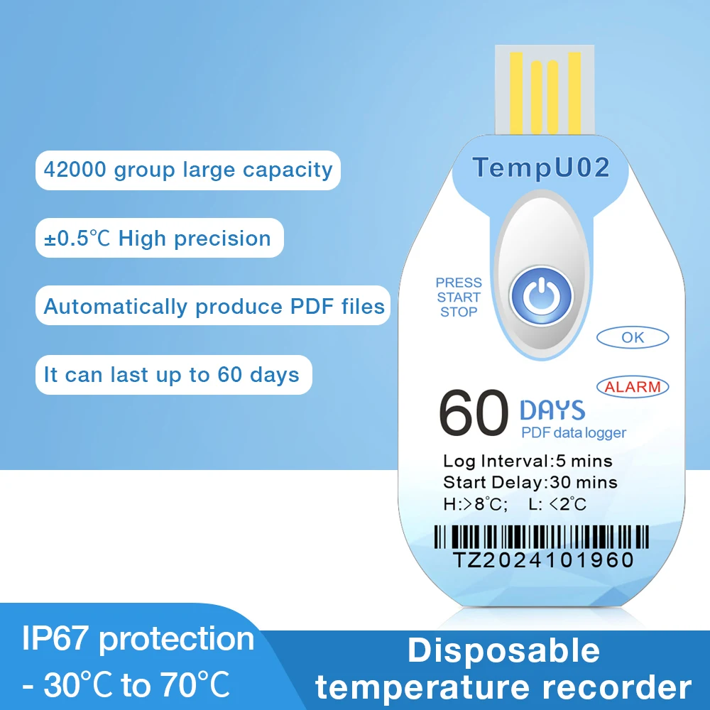 Disposable PDF Report Hygrograph Data Record 60/90 Days Temperature Humidity Logger Cold Chain Transport of Food and Medicine
