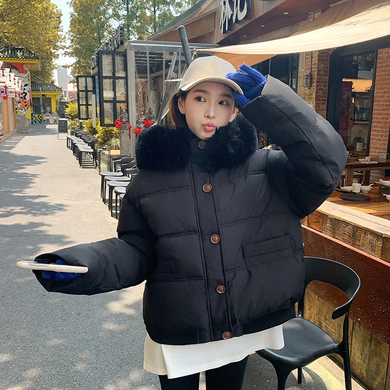 Winter 2025 Korean Version of Cotton-padded Jacket Women's Loose Casual Short Thick Cotton-padded Jacket with Large Fur Collar