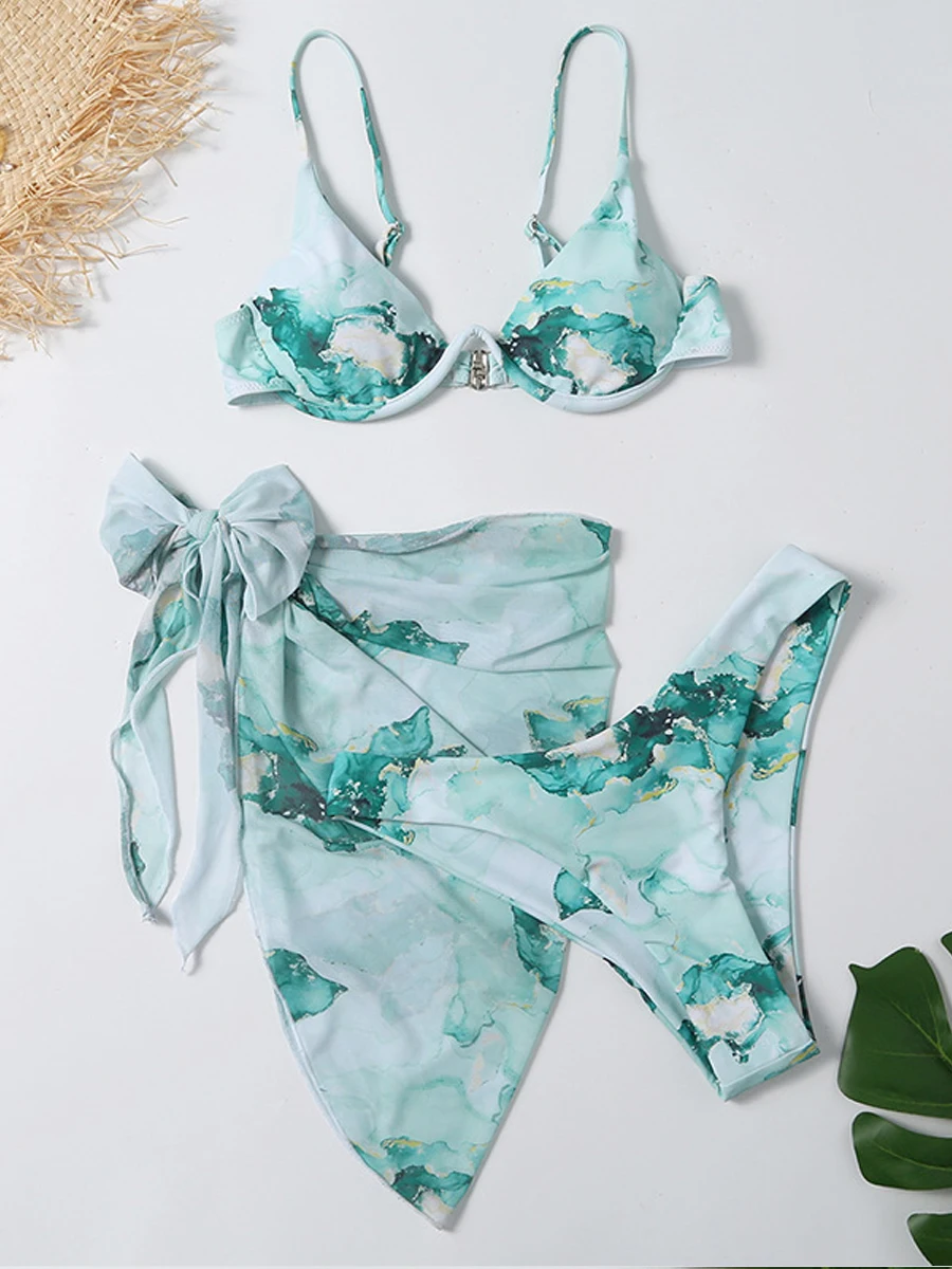 Tie Dye Bedrukte Badmode 3-delige Sexy Bikini 2023 Vrouwen Schouderbandjes Badpak Met Cover Up Rok Zomer Damesstrandkleding