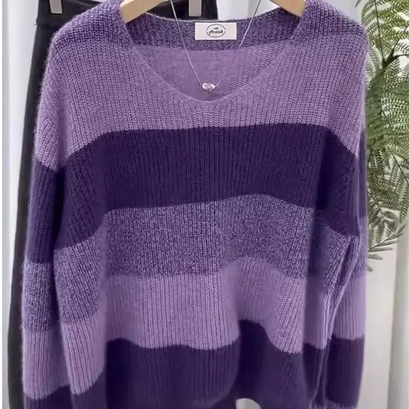 女性用パープルストライプニットセーター,ルーズウールセーター,カジュアル,ソフトニット,秋のファッション