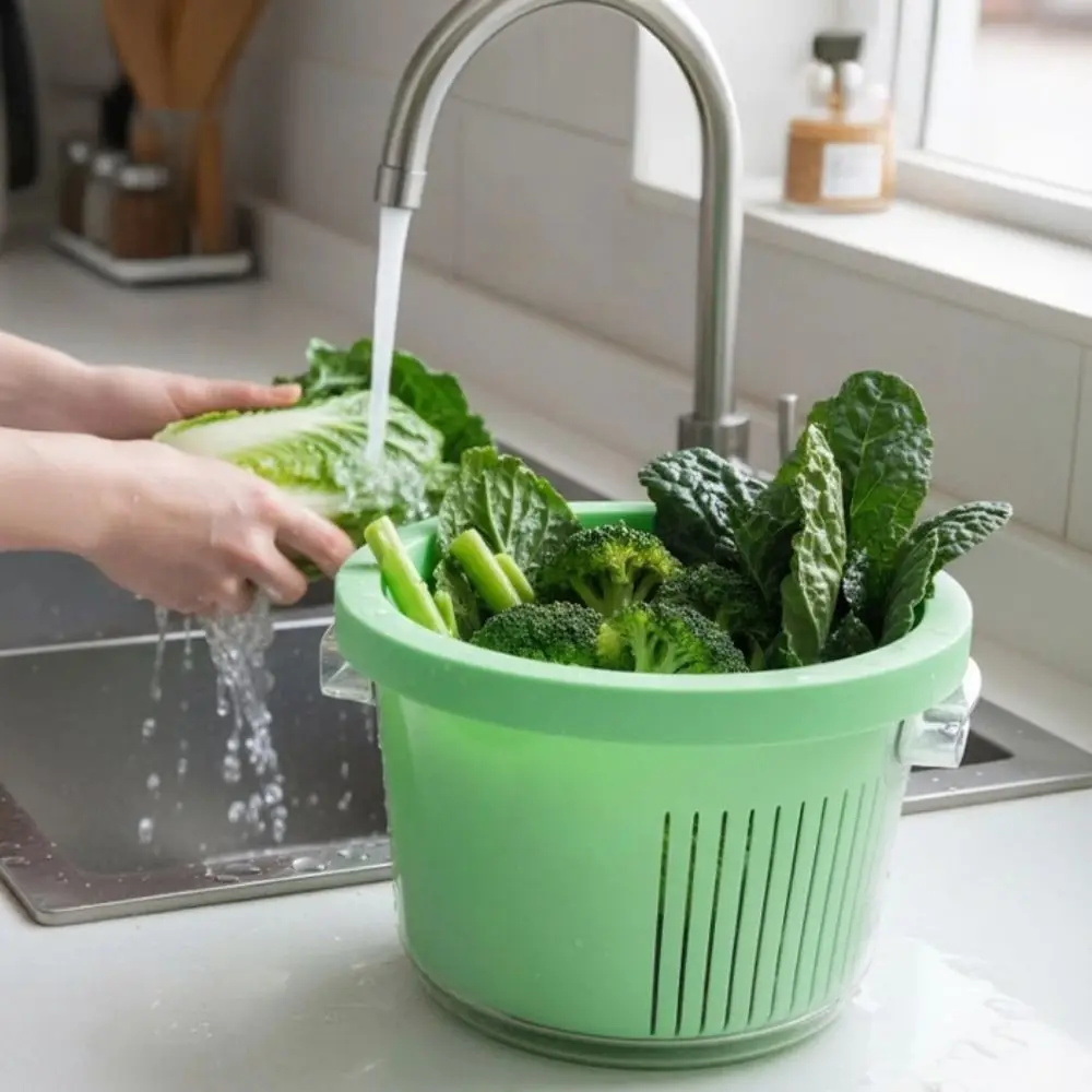 

Manual Vegetable Drain Basket 360°Rotatable Double-layer Vegetable Dehydration Basket Large Capacity Plastic