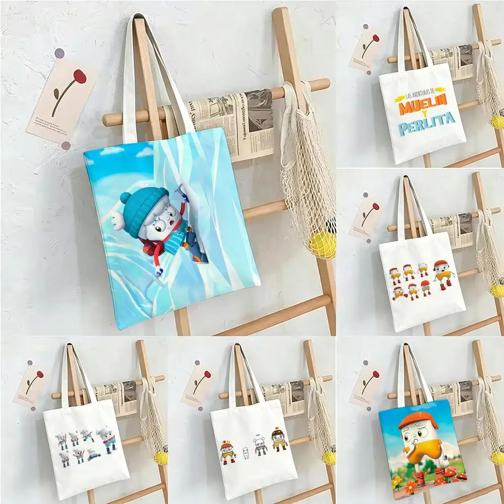 Bolsas de Almacenamiento con Diseño de Dibujos Animados LAS Aventuras de Mueliny Perlita, Bolsas de Compras, Bolsos de Mano, Bolsos de Hombro de Lona, Bolsas de Compras para Mujer de Gran Capacidad