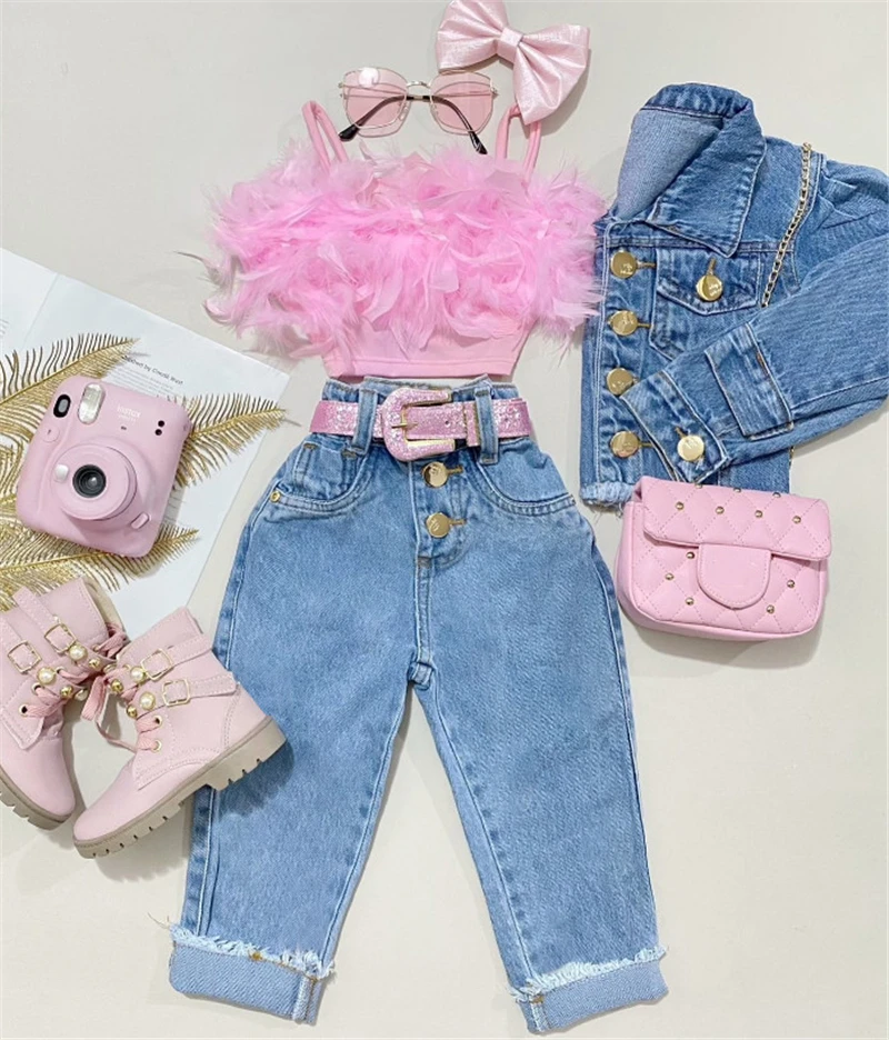 1-6Y Fashion Toddler Girls Clothes Pink Sleeveless Feather Camisole + Crimping Denim Pants with Pockets Summer Street Outfit