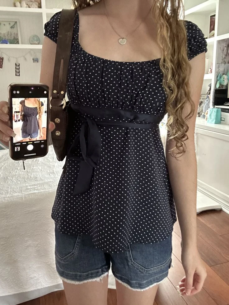 

Polka Dot Navy Long T-shirt Blouse Women Summer Square Collar Lace-up Elastic Waist Slim Tshirts Sweet Vintage Y2k Tee Tops