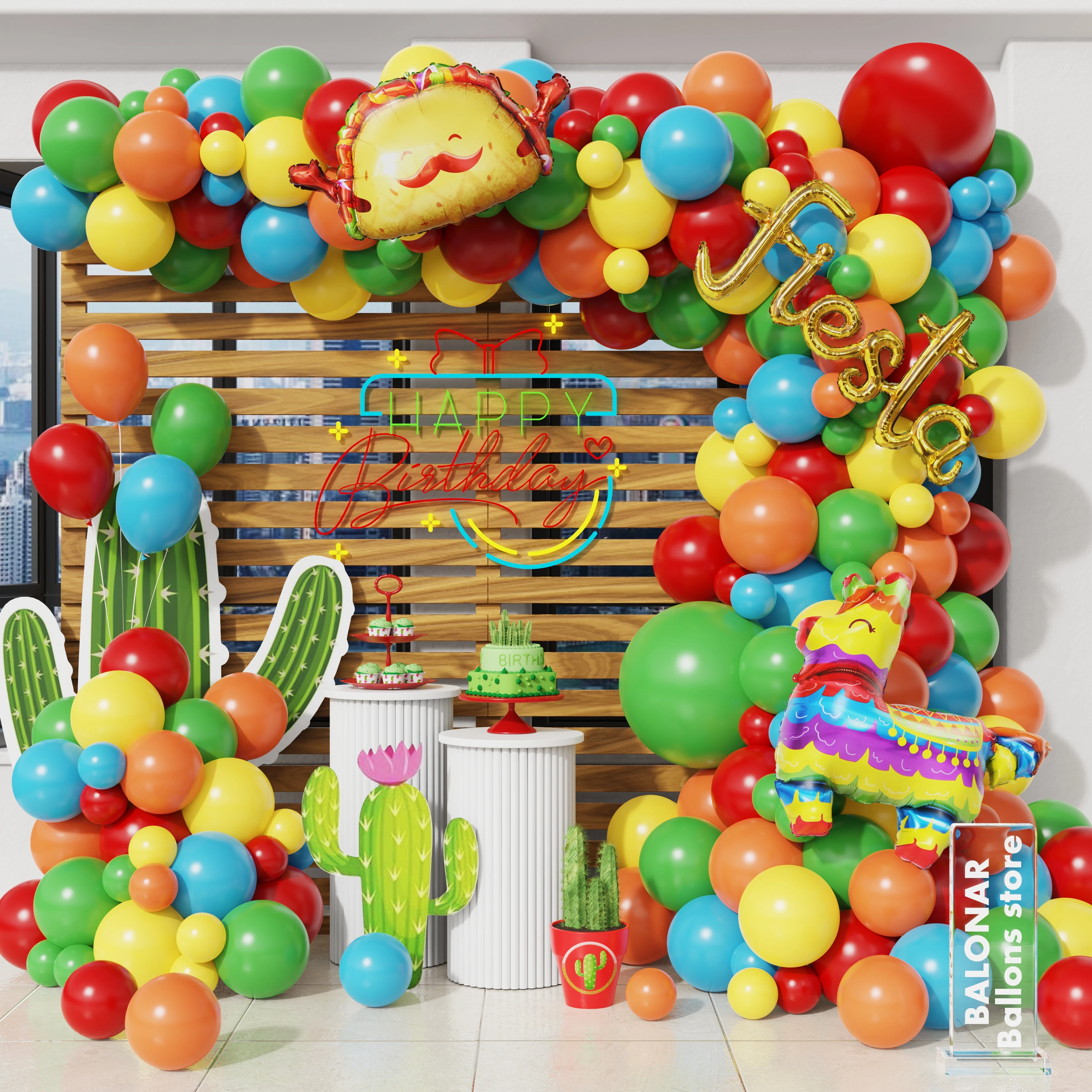 140pcs Mexican Fiesta Party Balloon Garland Arch Kit Cactus Llama Foil Balloons for Taco Twosday Birthday Decor Baby Shower