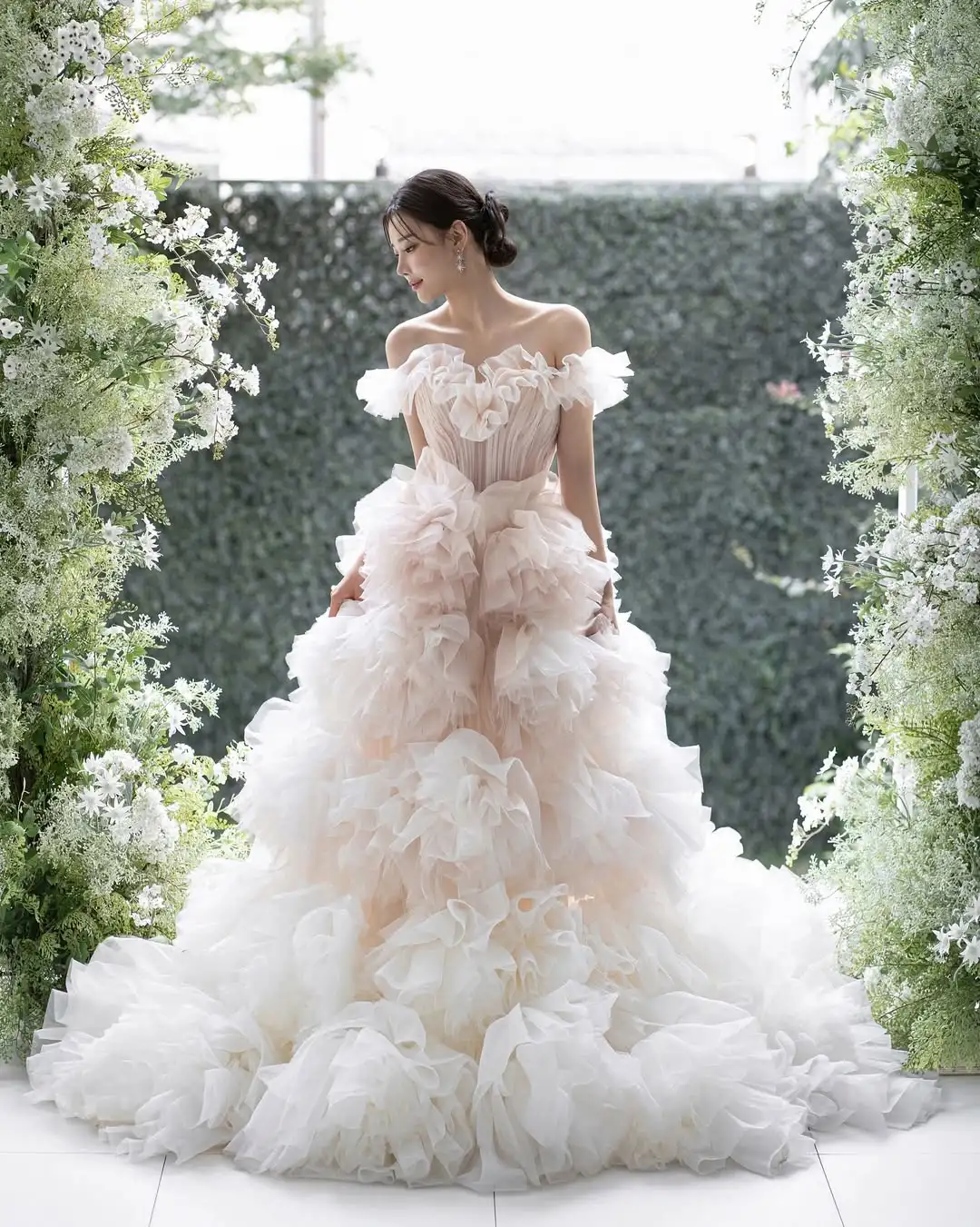 MD Gradient New A-line Off Shoulder Evening Dress Tulle Pleat Korea Photoshoot Sweep Train Evening Gown Corset Customised 웨딩드
