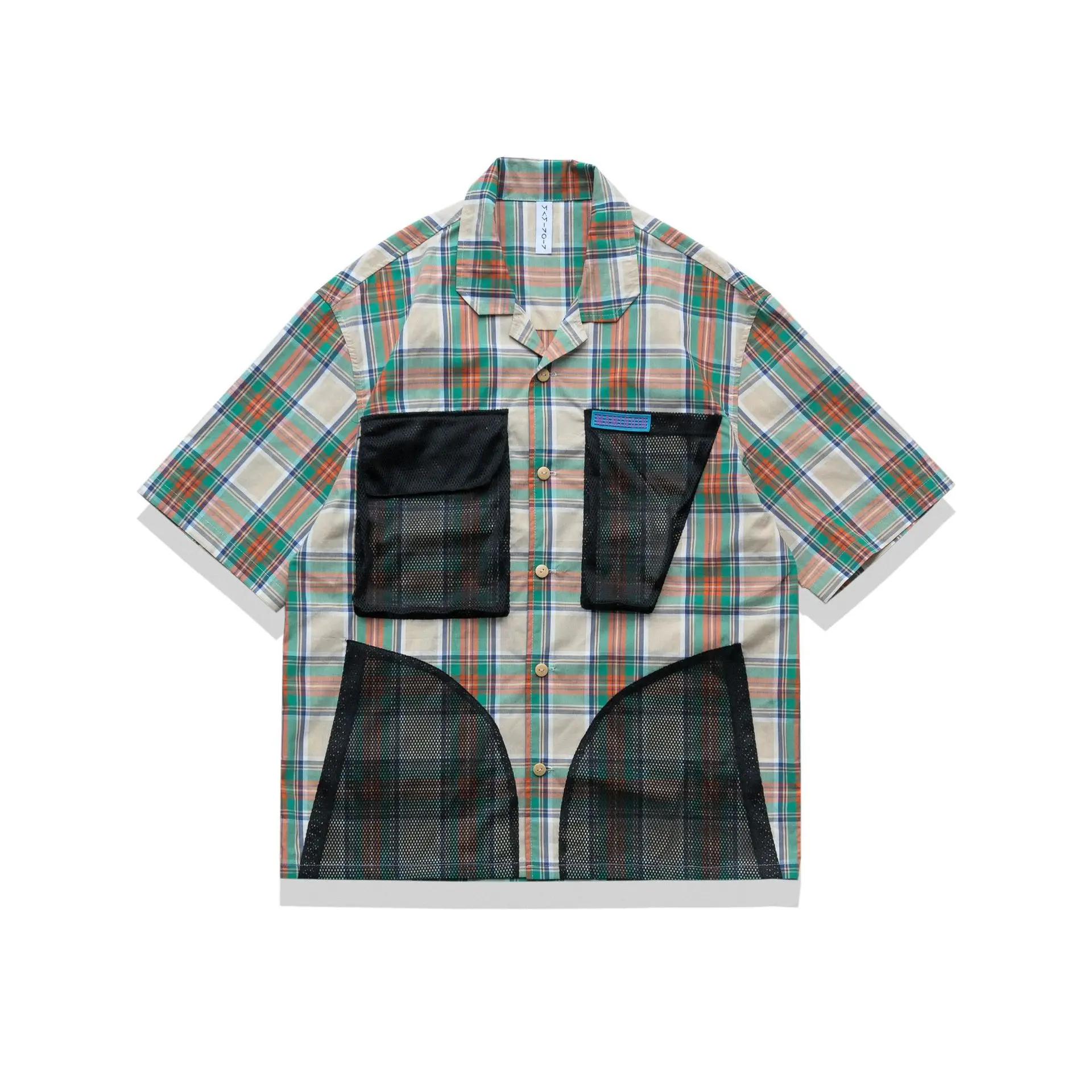 

New Arrival Designer Camp Collar Plaid Shirt Color Block Embroidery Niche Couple Matching Loose Unisex Short Sleeve Casual Shirt