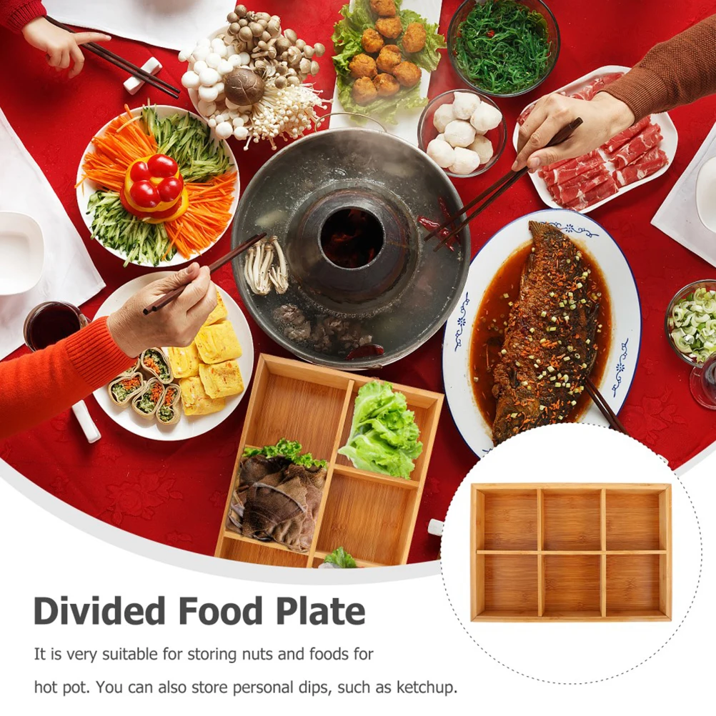 

Bamboo Snack Tray 6-Compartment Food Serving Plate For Desserts Fruits Nuts Display Household Decorative Tray Sushi Bread