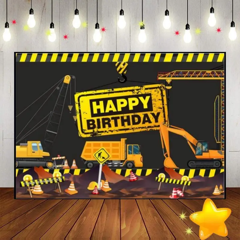 Construction Machinery Birthday Decoration Background Crane Photography Backdrops Drilling Rig Baby Shower Banner Photo Crusher