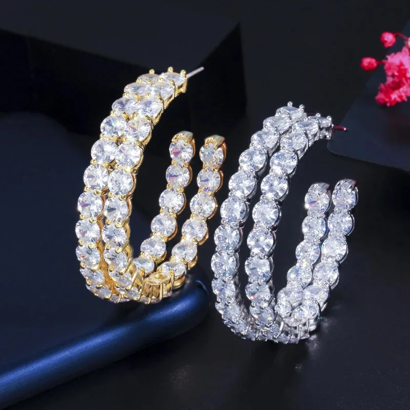 

YISON Dazzling Round Cubic Zirconia Big White Gold Color Hoop Earrings for Women Fashion Wedding Party Jewelry Ladies Gifts