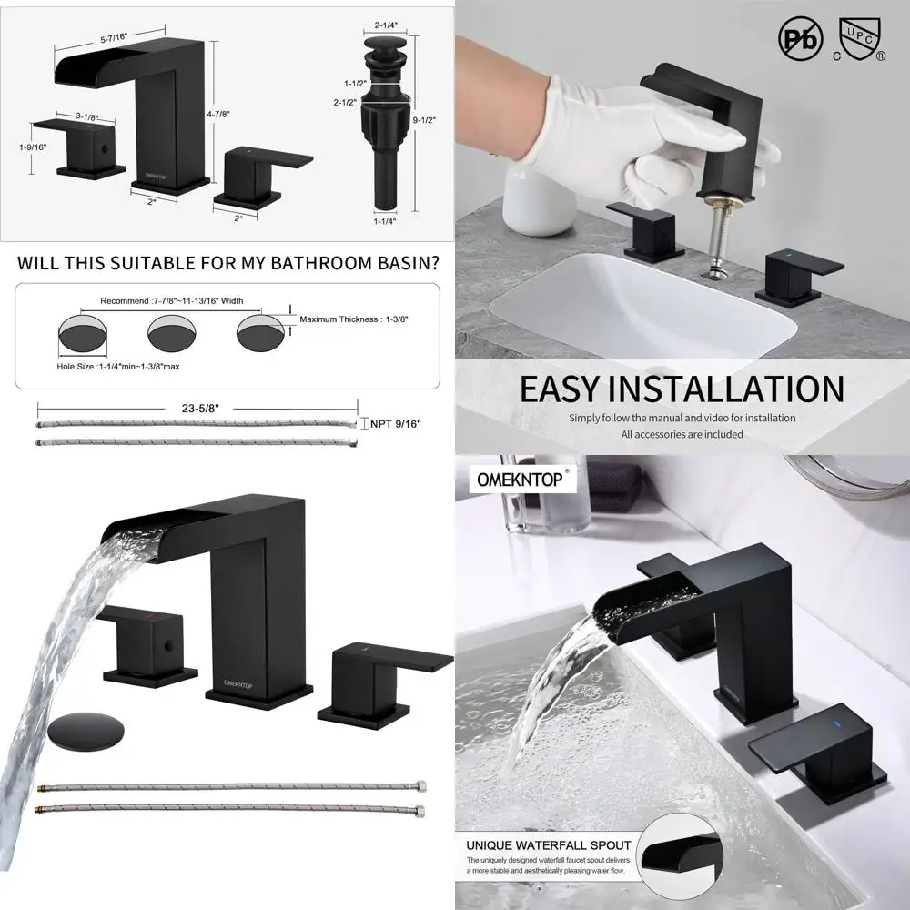 

8 Matte Black Sink Faucet with 3-Hole Basin, Waterfall Spout, Pop-Up Drain & Hose, 2-Handle for Farmhouse Vanity Bathroom