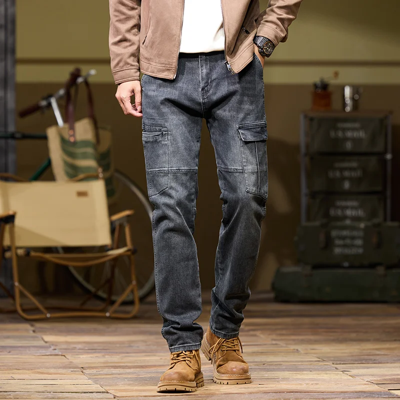Men's Straight Jeans Men's Pocket Denim Trousers Korean Fashion Autumn and Winter New Styles Large Size 42 44