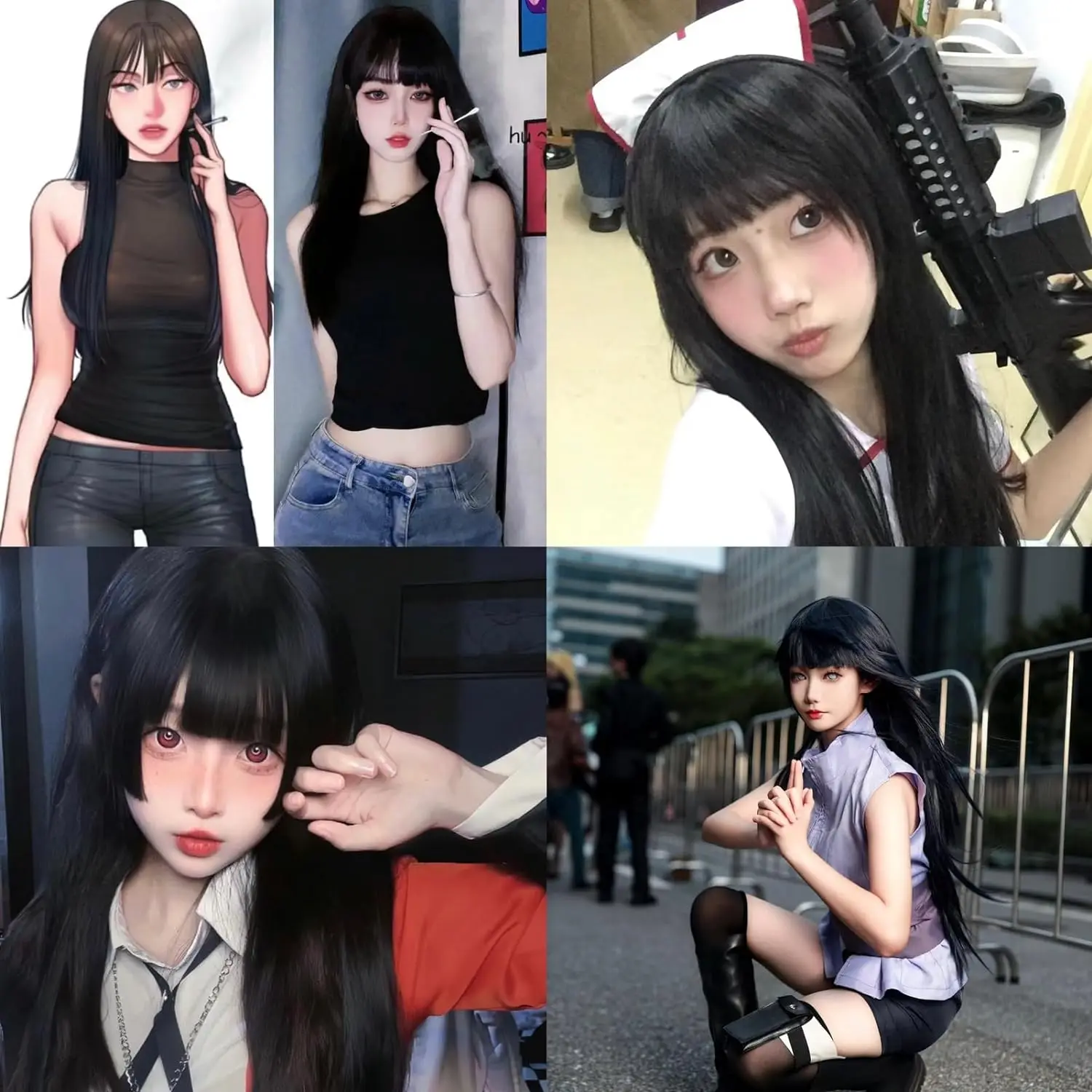 Inuyasha Sango Cosplay Long Black Wig with Bangs Straight Black Wig Cosplay Costumes for Women Anime Synthetic Wigs Girl Party