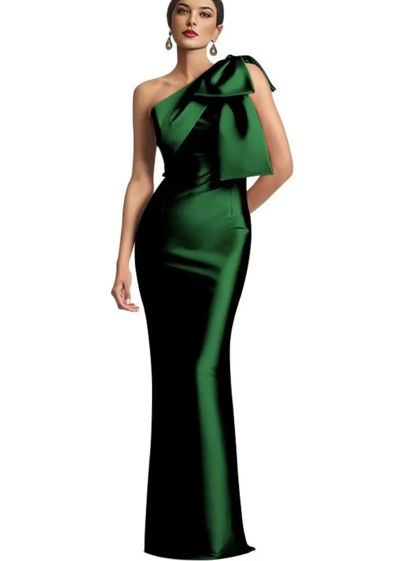 

Elegant Green One Shoulder Satin Bridesmaid Dresses Mermaid Cocktail Prom Dress Long Bodycon Formal Evening Gowns with Back Slit