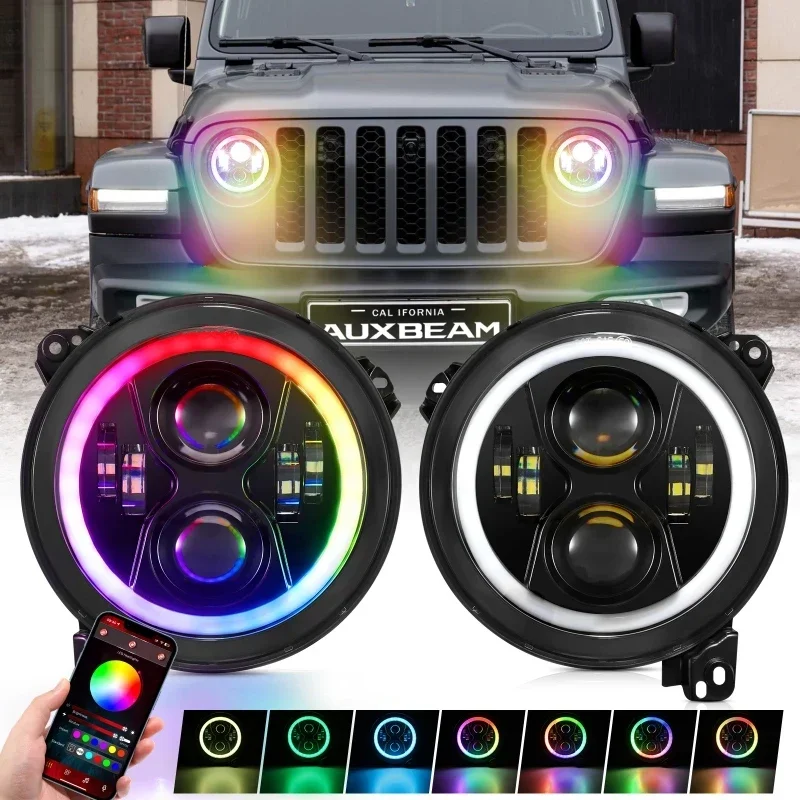 9 Inch Round LED Headlight with RGB Halo Ring Turn Signal Lamp for Jeep Wrangler JL