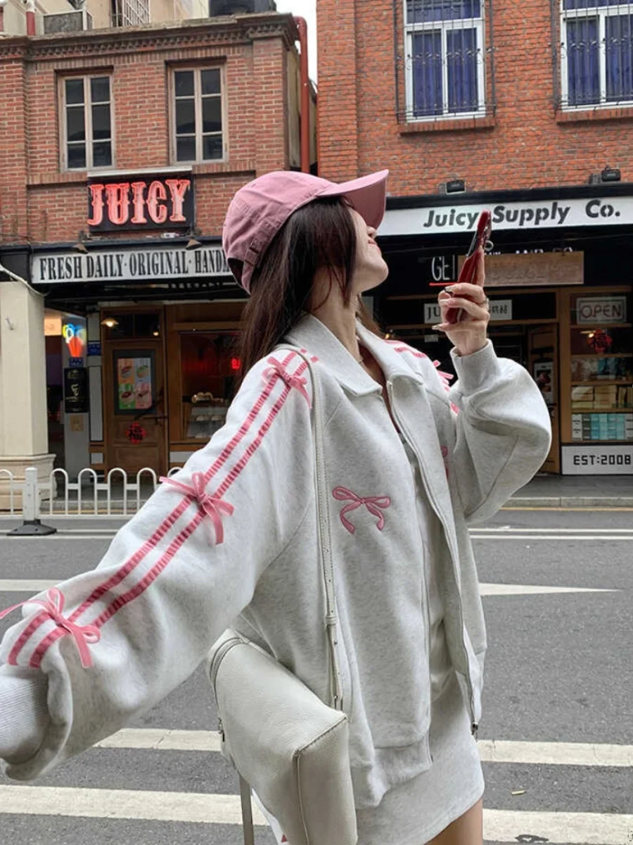 High Quality Sweet Women Cute Bow Striped Sweatshirt Zipper Turndown Collar Jacket Pink Embroidery Sports Hoodie Coat Streetwear