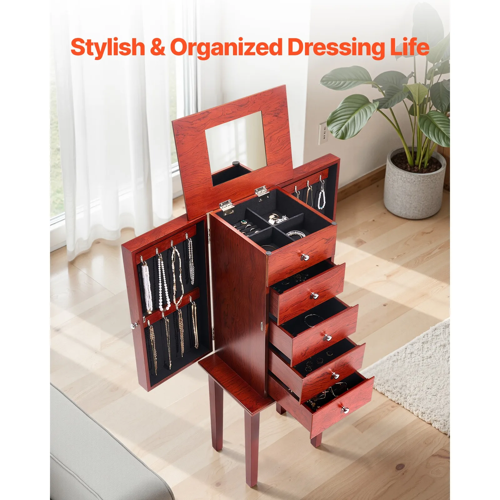 

Jewelry Cabinet Armoire Standing Jewelry Storage Chest with 4 Drawers & Mirror