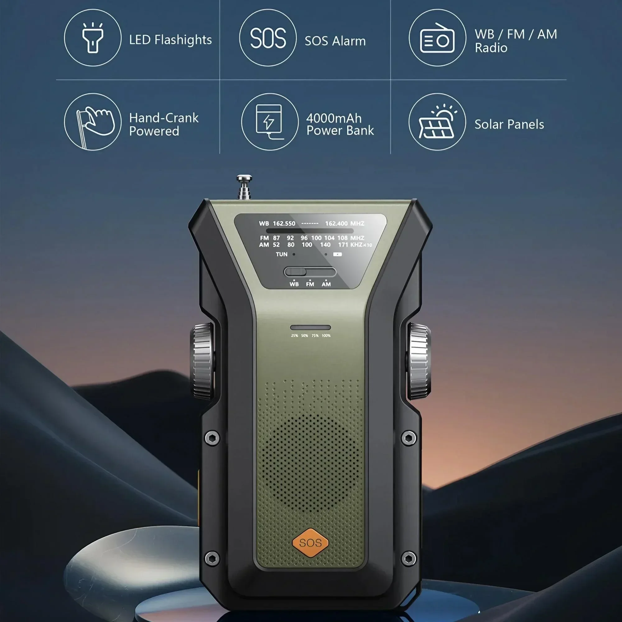 4000 mAh SOS-alarm Noodweerzaklamp Handslinger Zonnebatterij AM FM-radio Oplader voor mobiele telefoon