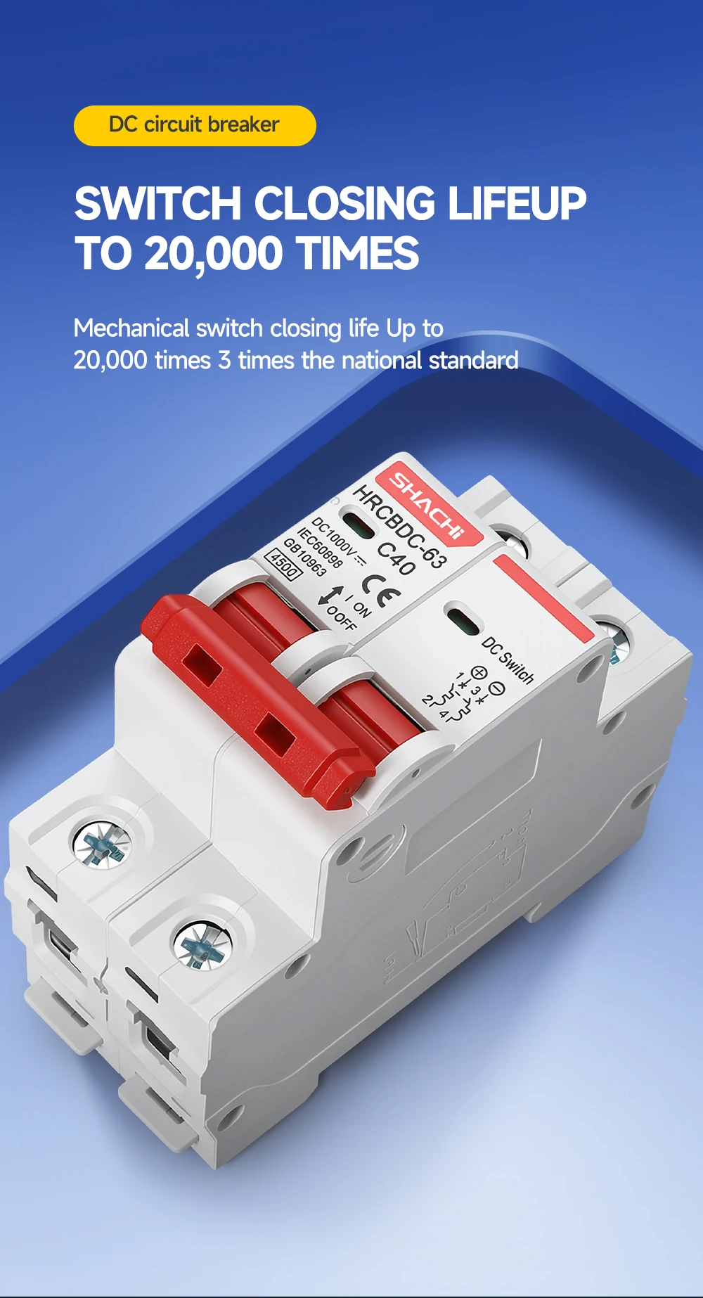 SHACHI 2P DC 1000V MCB Solar Mini-Leistungsschalter - Überlastschutzschalter Größen 10A bis 63A für Photovoltaik-PV-Systeme – Detail 6