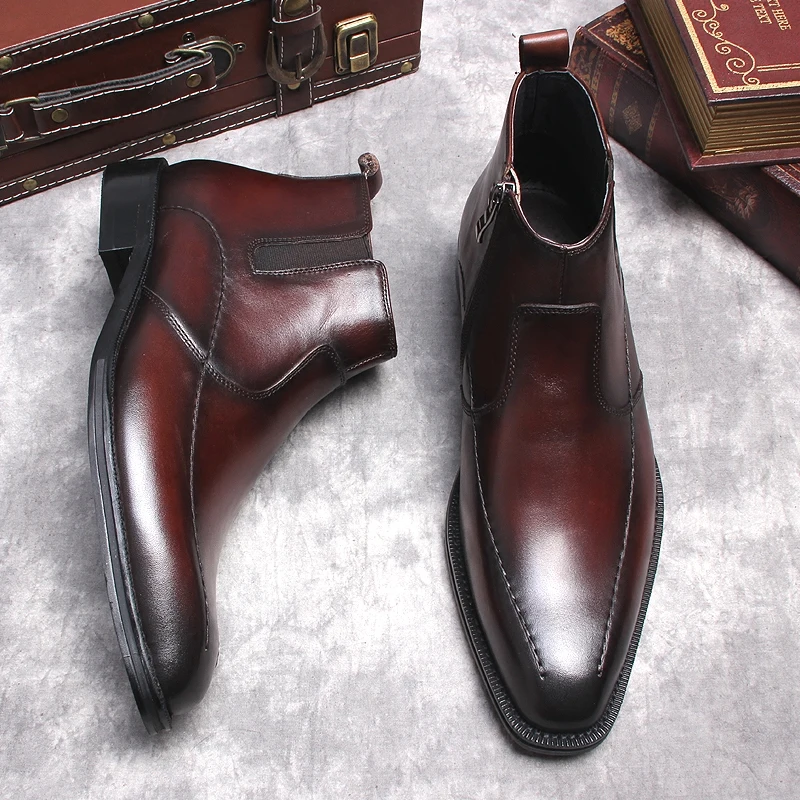 New Men Ankle Boots Shoes Genuine Leather Formal Men Burgundy Dress Boots Black Side Zipper Luxury Men Shoes Chelsea Boots