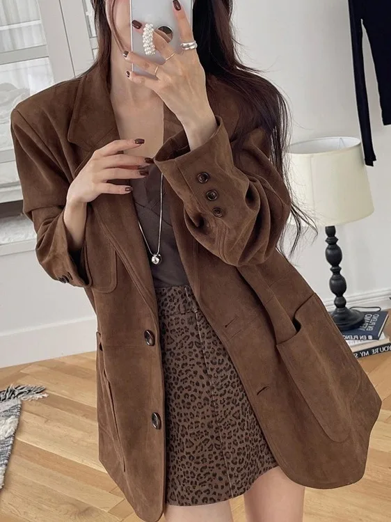 Chaleco de ante elegante, traje informal para mujer, Jaet, un solo botón, suelto, Vintage, Sle, Faion coreano, largo, Sve Busin, para ir al trabajo
