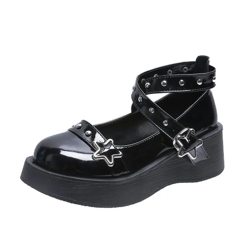 Shoes Lolita shoes Women heels platform mary janes Star Buckle Strap Mary Janes Women Cross-tied Girls Rivet Casual kawaii shoes