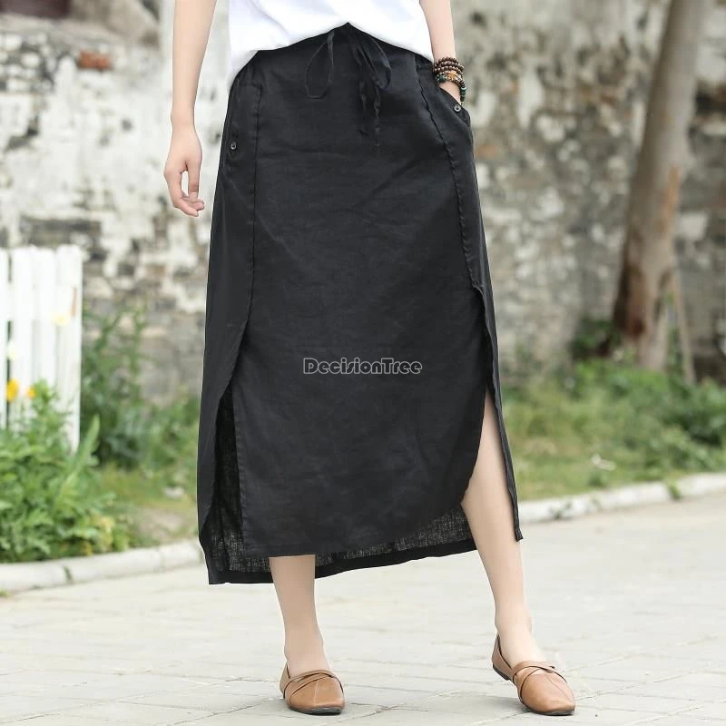 2024 retro chinese cotton hemp skirt female spring summer long elastic high waist loose casual half skirt female long skirt w338