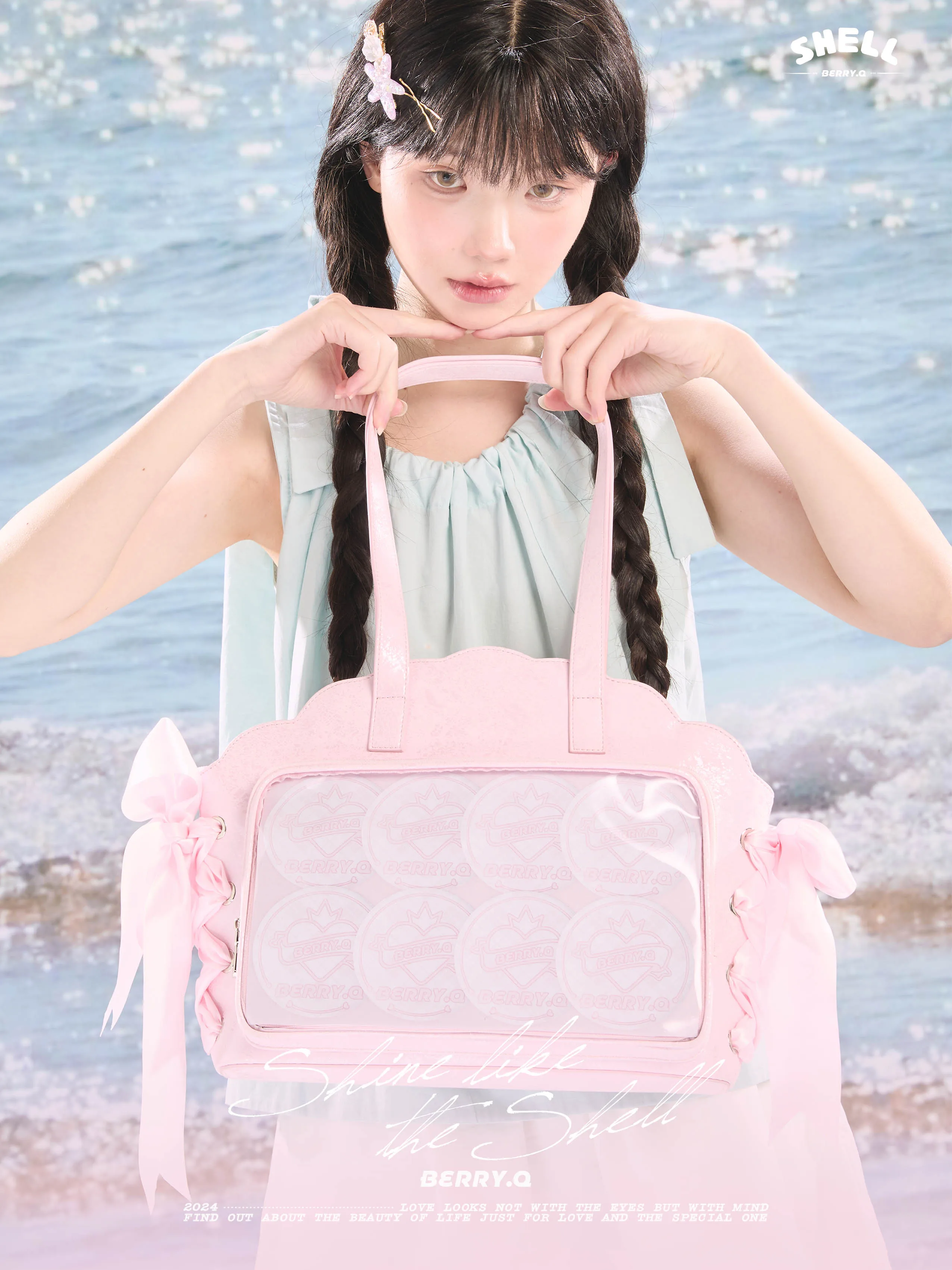 Original Sweet Girls Shell Ita Bags Portable Large Capacity Special-Shaped Lace-up Embroidery Pearl Bolso All-Match Shoudler Bag