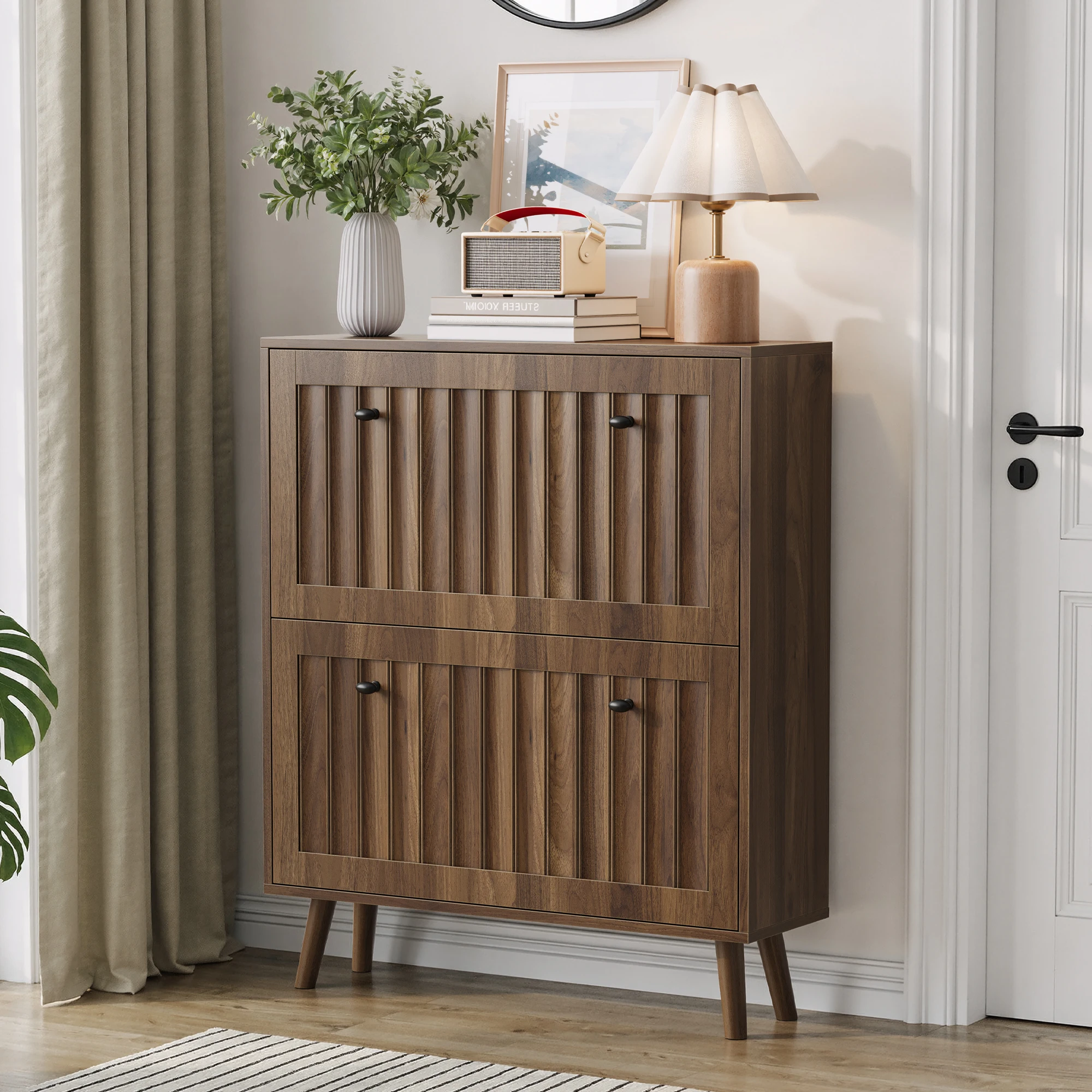 !@Modern Portable Shoe Cabinet Upright Shoe Storage Unit with Vertical Grooved Finish 31.5-inch Walnut-colored Home Furniture