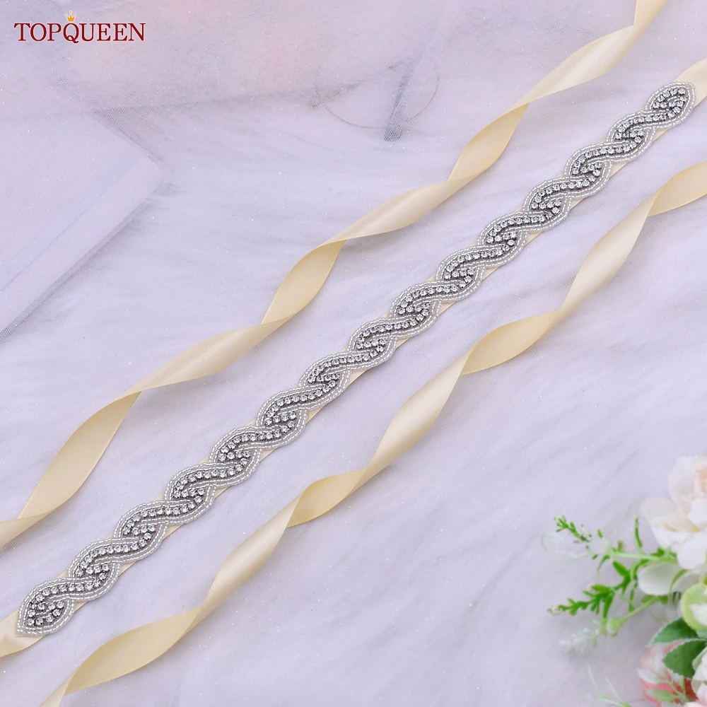 TOPQUEEN S62 Bridal Belt 2022 새로운 크리스탈 골치 아픈 건 새시 드레스 라인 석 아플리케 수제 여성 거들 웨딩 액세서리