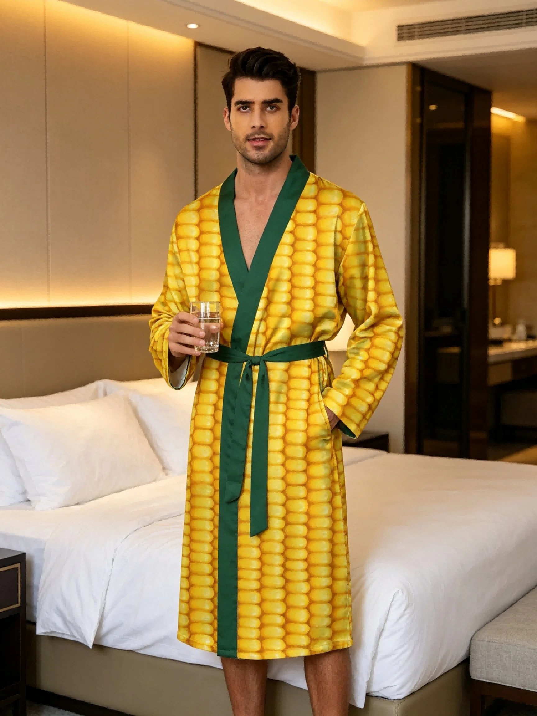 Men's lightweight quick-drying pajama bathrobe - 3D digital printing, non-fading design, stand-up collar and adjustable waistban