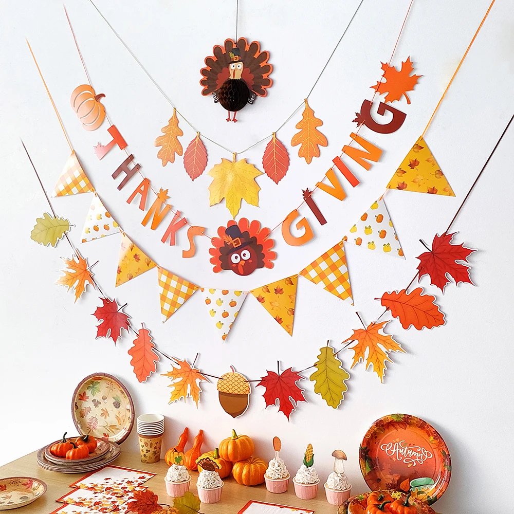 Autumn Leaves Hanging Banner Maple Pattern Paper String Garlands Turkey Pumpkin Honeycomb Ball Ornament Thanksgiving Decoration