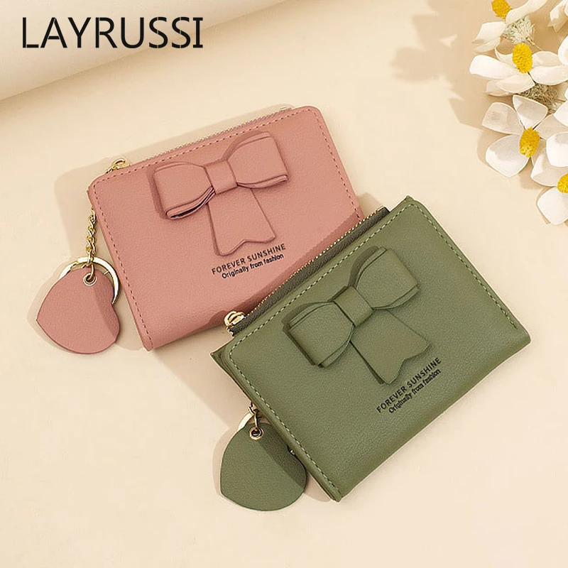 LAYRUSSI Cute Bow Short Wallet Girl Student Solid Color Card Holder Kawaii Leather Wallet Women Coin Purses Carteras Para Mujer