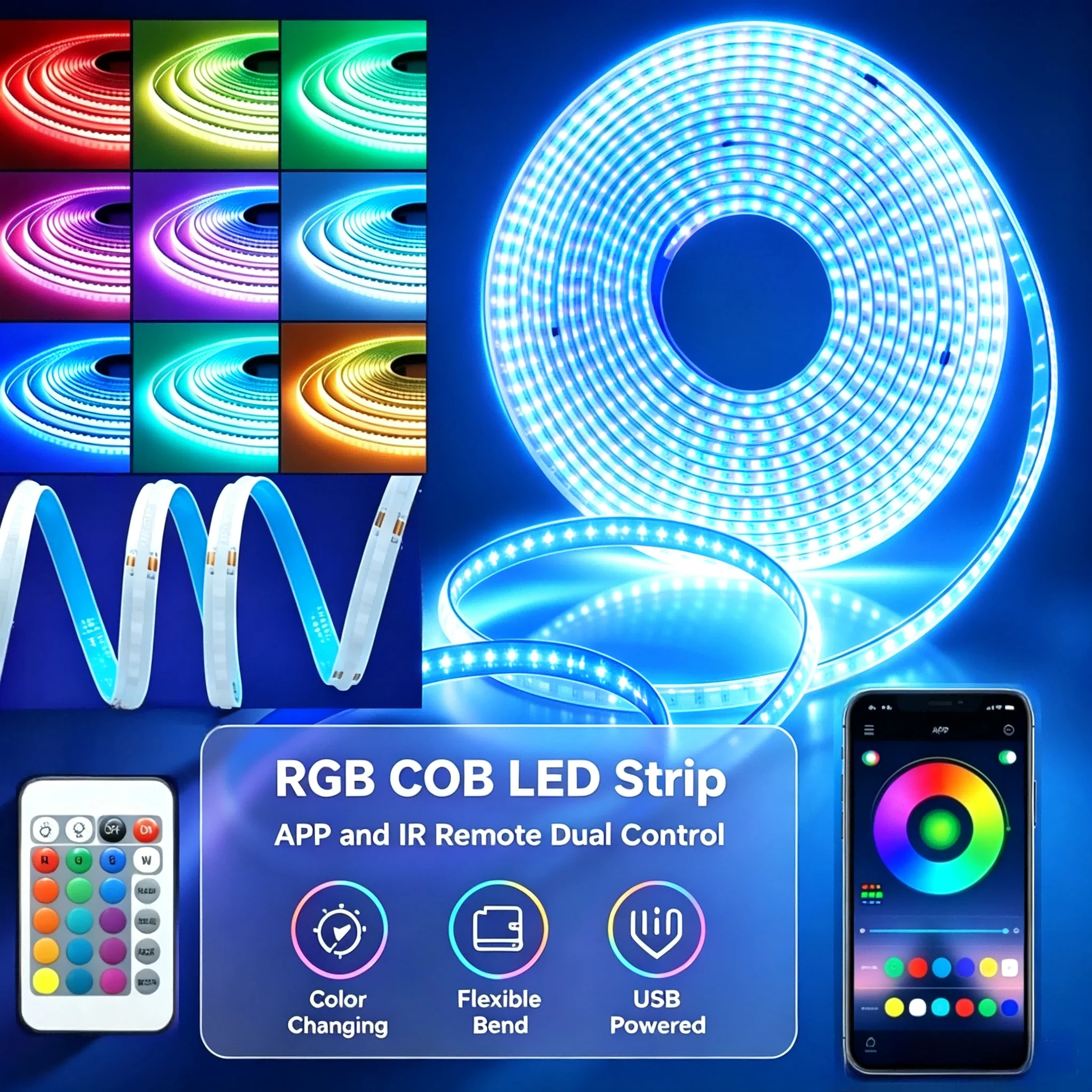Rgb Cob Light Strip, High-Density Led Light Strip with High Brightness, Supports Remote Control and App Control, Dc5V, USB Type-A Interface, Led Light Strip with Switchable Light Color Modes, Suitable for Holiday Parti
