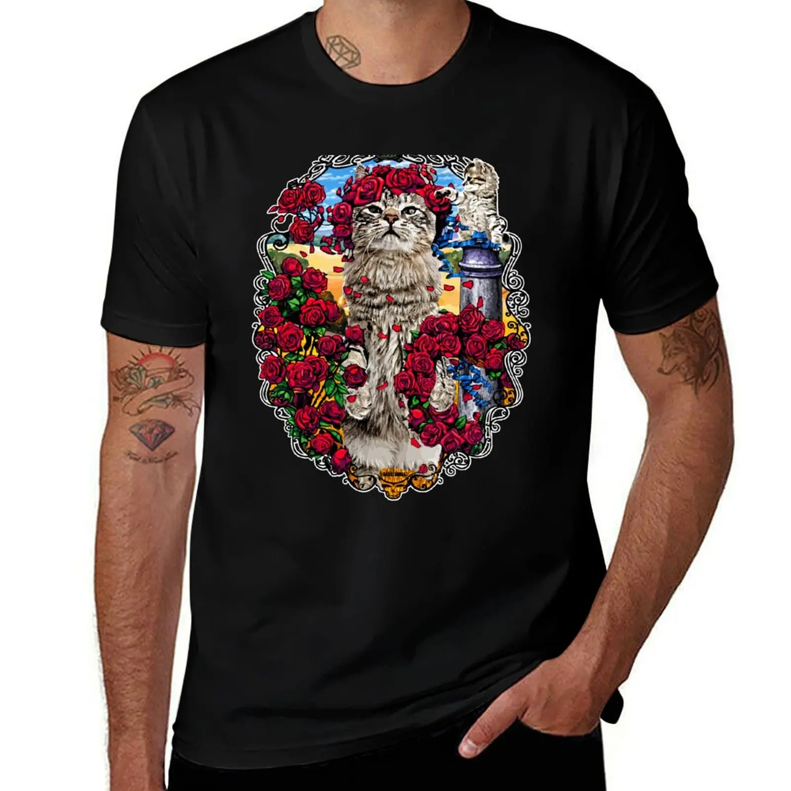 GRATEFUL CATS AND ROSES T-Shirt Work Wear Lightweight Tee T-Shirt