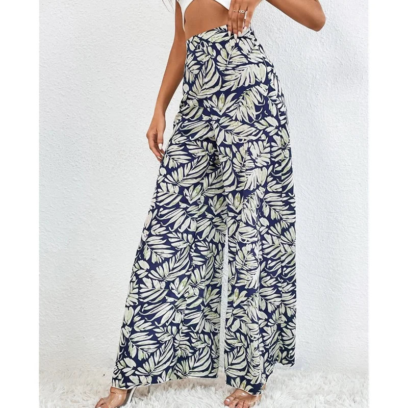 Summer Women's Stretchy Wide Leg Lounge Fragmented Flowers Printing Baggy Pants Casual Comfy High Waist Palazzo Chiffon Pants