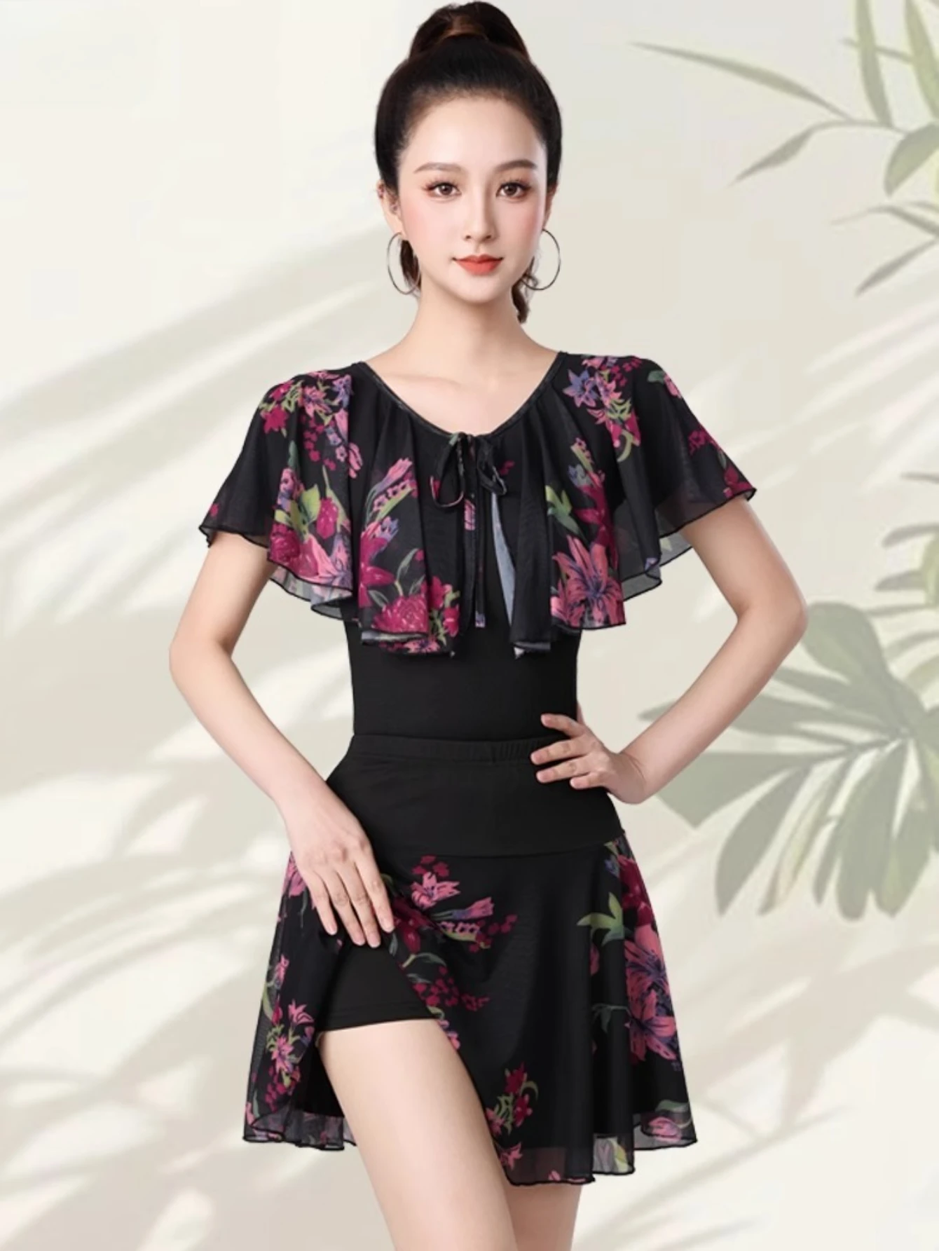 

Women Samba Latin Dance Practice Suit Summer New Net Yarn Printed Modern Dance Performance Costume Square Modern Evening Dresses