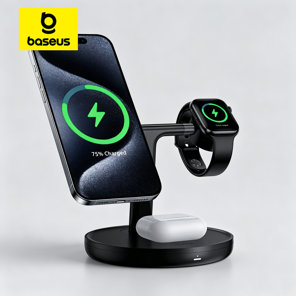  Baseus 3 in 1 20W Magnetic Wireless Charger Stand For iPhone 17 16 15 Pro Airpods Apple Watch Phone Fast Charging Station Holder 