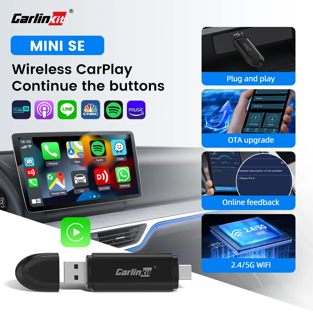 

Carlinkit Wireless Carplay Adapter Non-Inductive Connection Wired To Wireless Car Play USB Dongle Nissan Benz Audi Mazda Peugeot